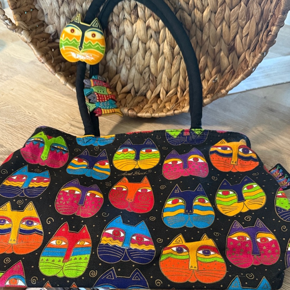 Laurel Burch Black Tote with Multicolor Cat Faces